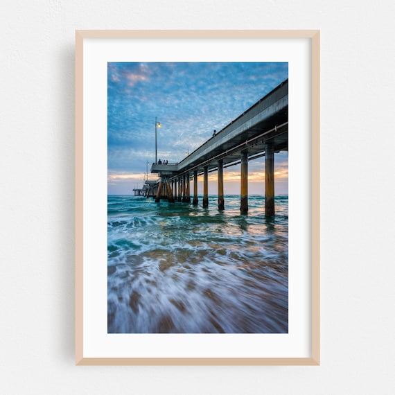 Los Angeles Ocean Pier Sunset Waves Dramatic Sky Photography Poster