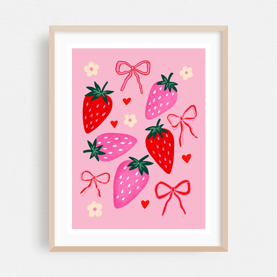Sweet Strawberry Pattern With Red Bows Pink Kitchen Art Poster