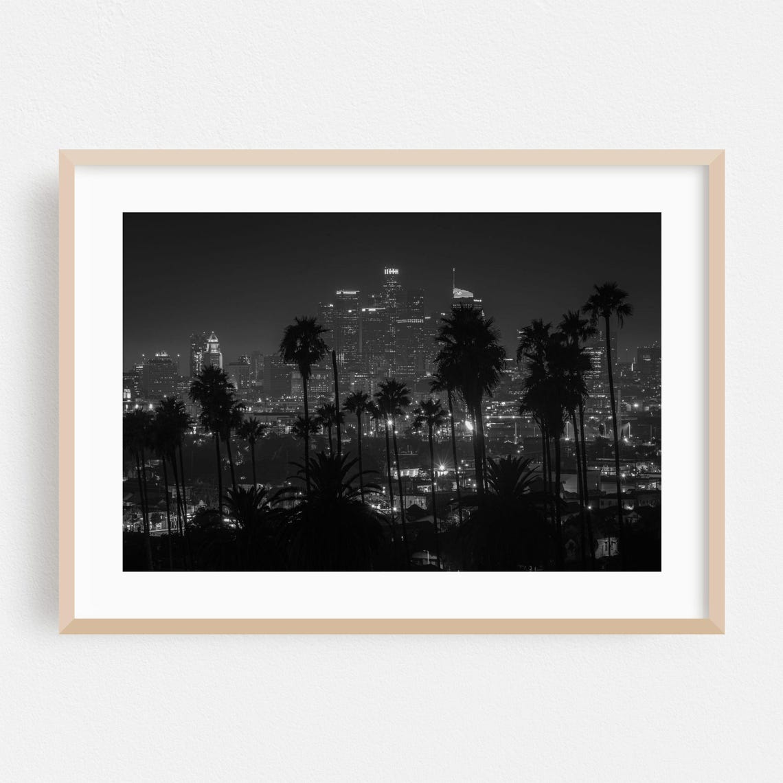 Los Angeles Downtown Night Skyline Palms Black White Photo Poster