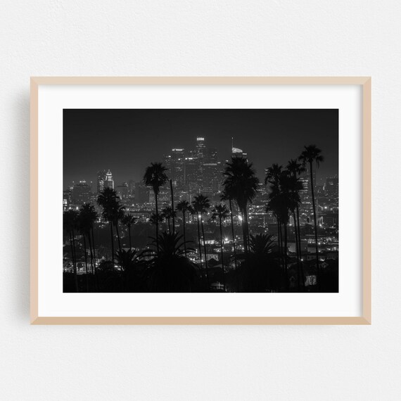 Los Angeles Downtown Night Skyline Palms Black White Photo Poster