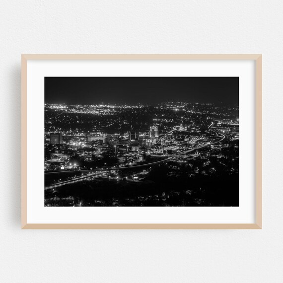 Roanoke Virginia Skyline At Night Black And White City Photo Poster