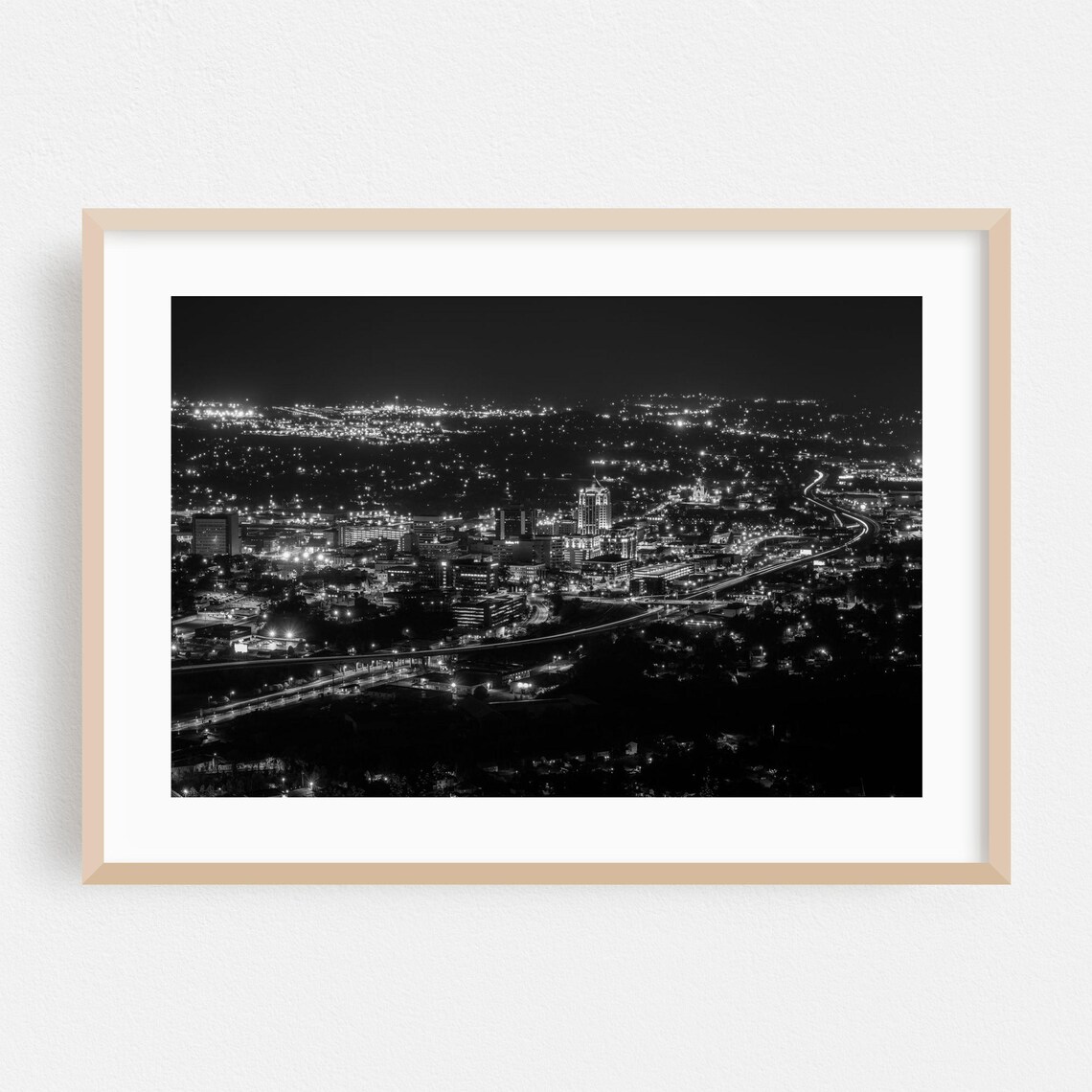 Roanoke Virginia Skyline At Night Black And White City Photo Poster
