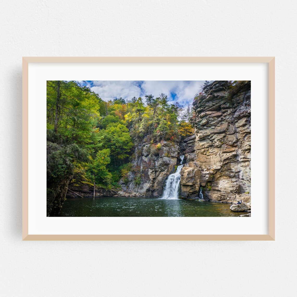 North Carolina Waterfall Into Forest Lake By Rocky Autumn Cliffs Poster