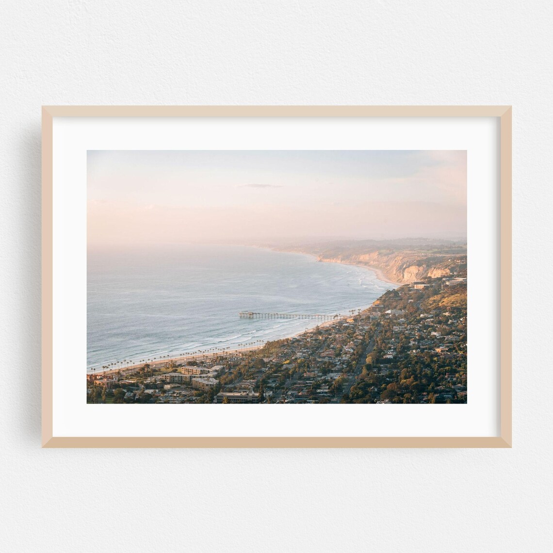Aerial San Diego Coast Poster with Beach Town Pier at Pastel Sunset