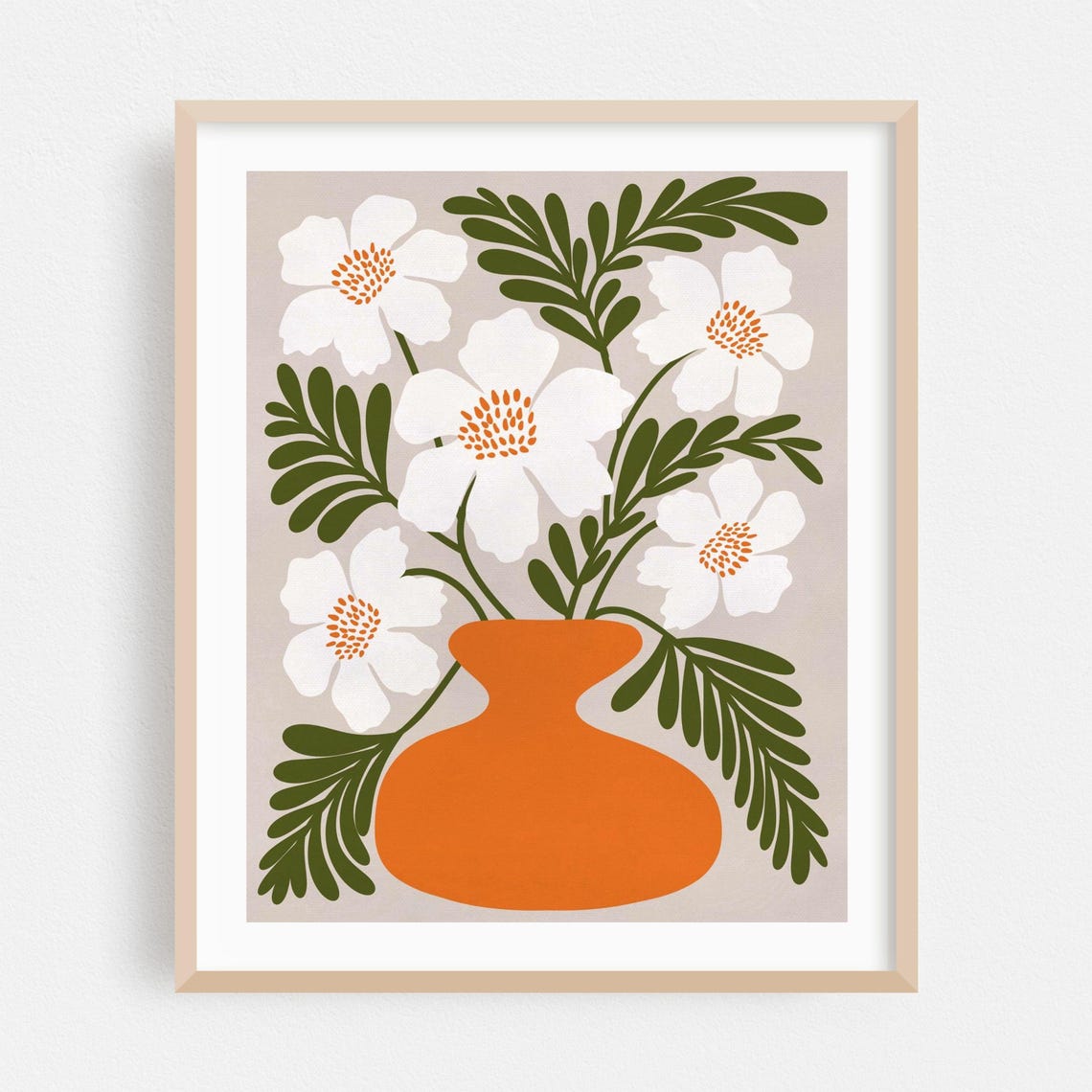 Scandinavian Floral Art Print White Flowers Orange Vase Decor