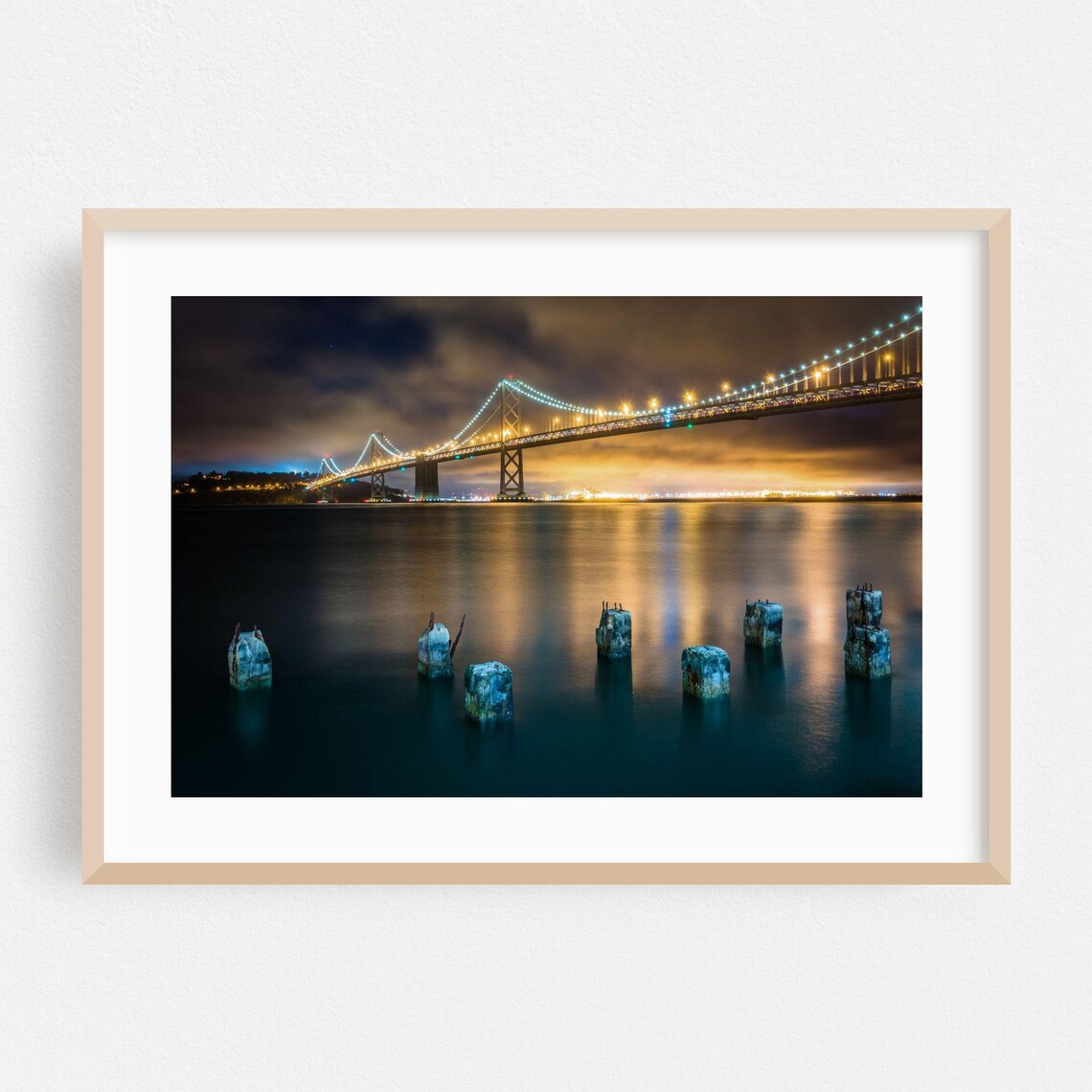 San Francisco Bay Bridge Night Photo Harbor Lights City Poster