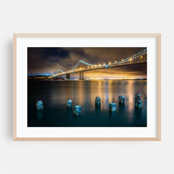 San Francisco Bay Bridge Night Photo Harbor Lights City Poster