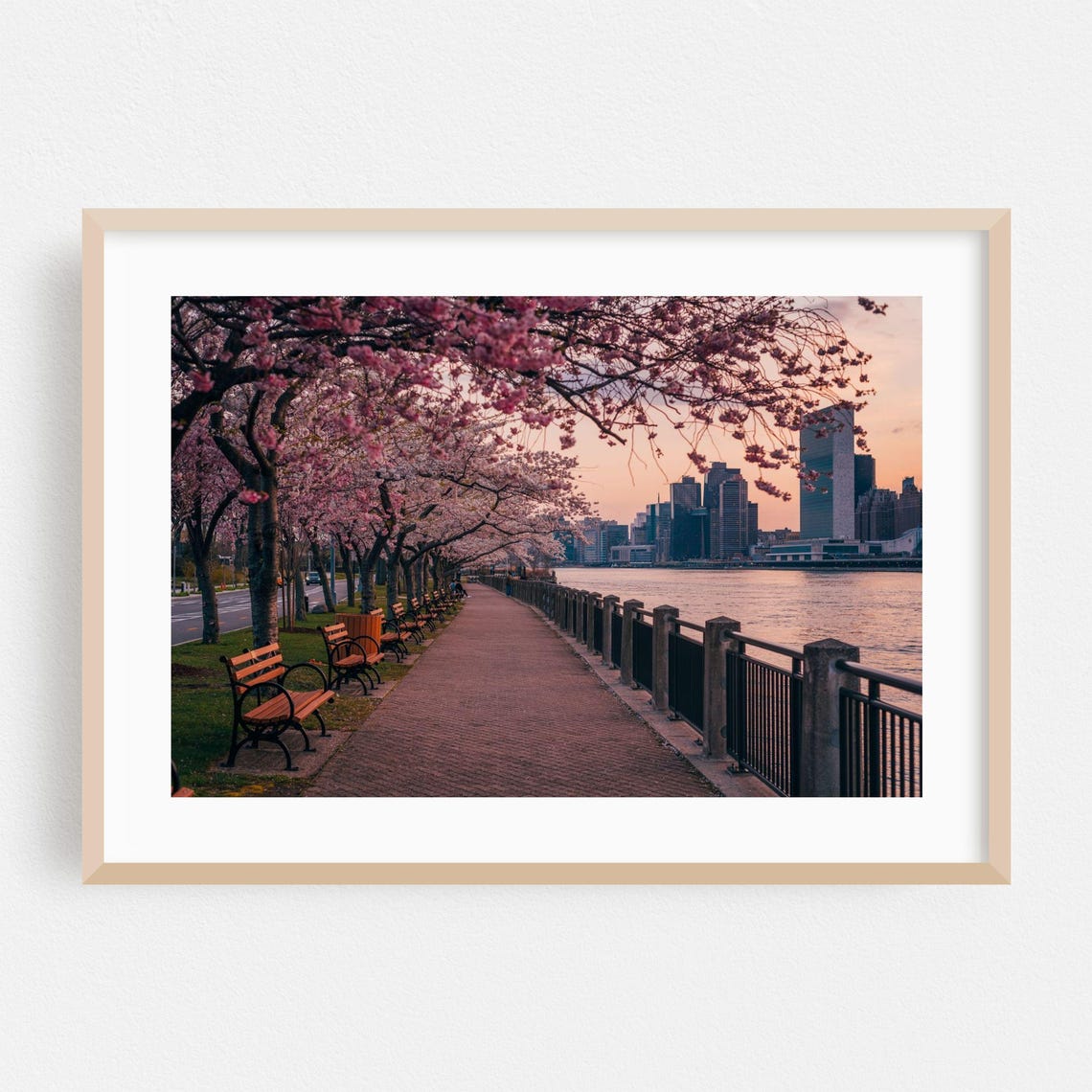 Manhattan Skyline Sunset Cherry Blossom Riverside Promenade Poster