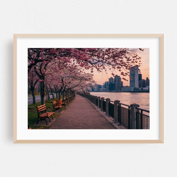 Manhattan Print New York Wall Art Cityscape Framed Cherry Blossoms Home Decor Skyline Poster Scenic Fine Floral Photography
