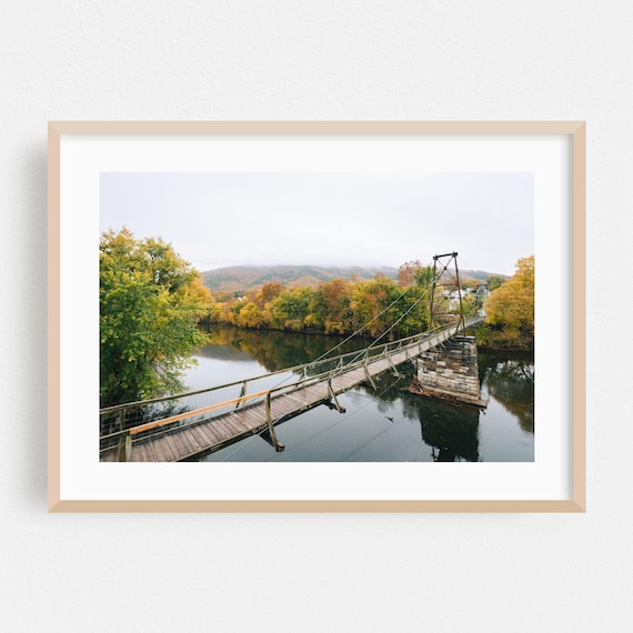 Autumn Swinging Bridge Over Calm River Roanoke Virginia Landscape Poster
