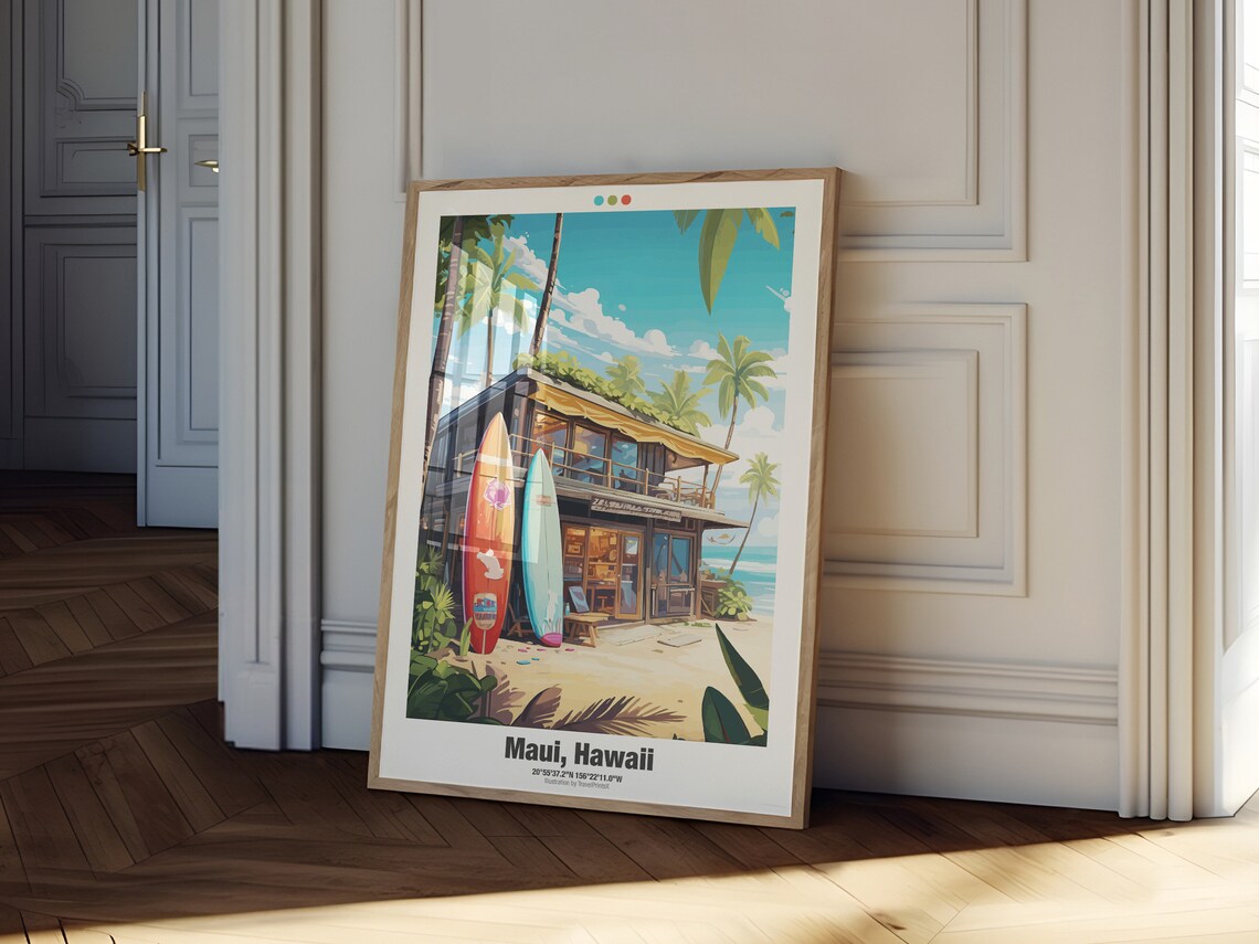 Maui Hawaii Colorful Surf Shack Beach Tropical Travel Poster - Image 2