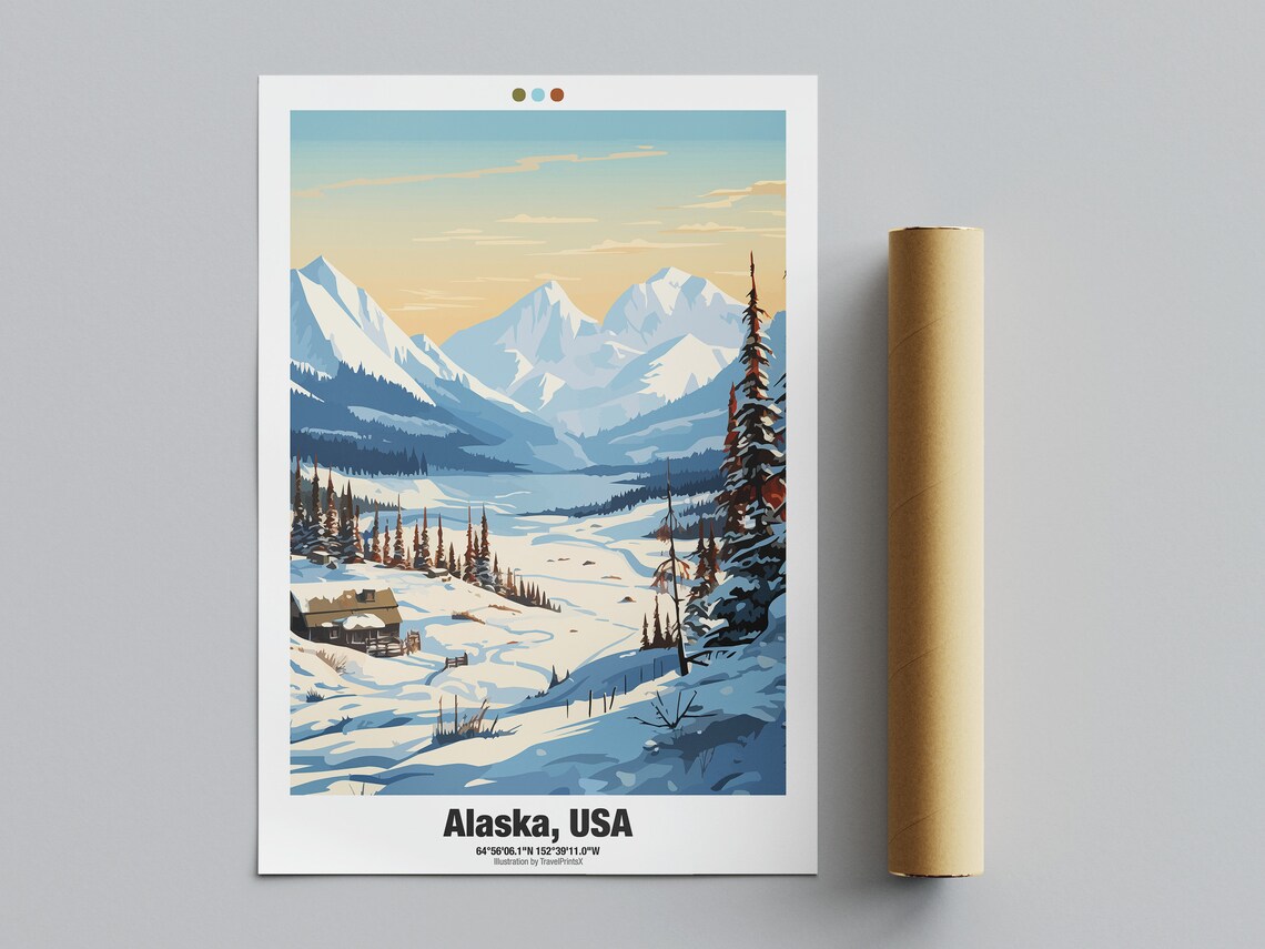Alaska USA Winter Snowy Valley Cabin Spruce Mountains Travel Poster