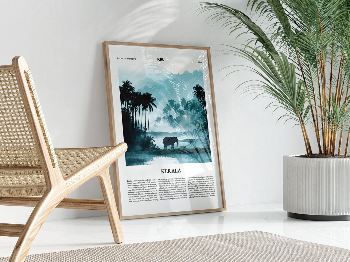 Kerala India Travel Poster City Guide Palms Elephant Misty Art - Image 3