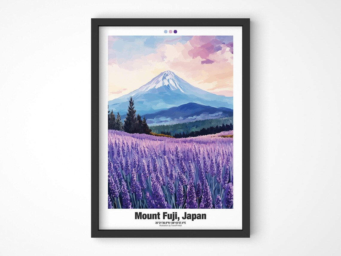 Mount Fuji Japan Travel Poster Lavender Field Sunset Illustration Art