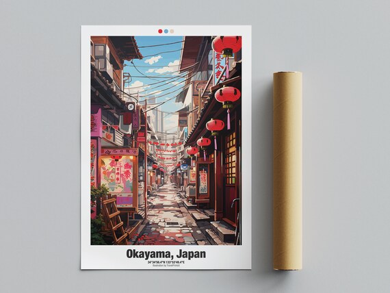 Okayama Japan Sunny Daytime Alley Hanging Red Lanterns Street Poster