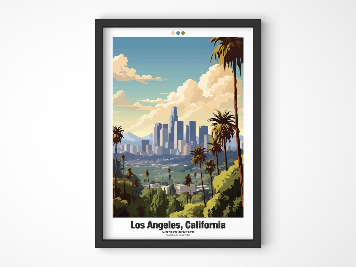 Los Angeles California Downtown Skyline Palm Trees Sunset Travel Poster - Image 4