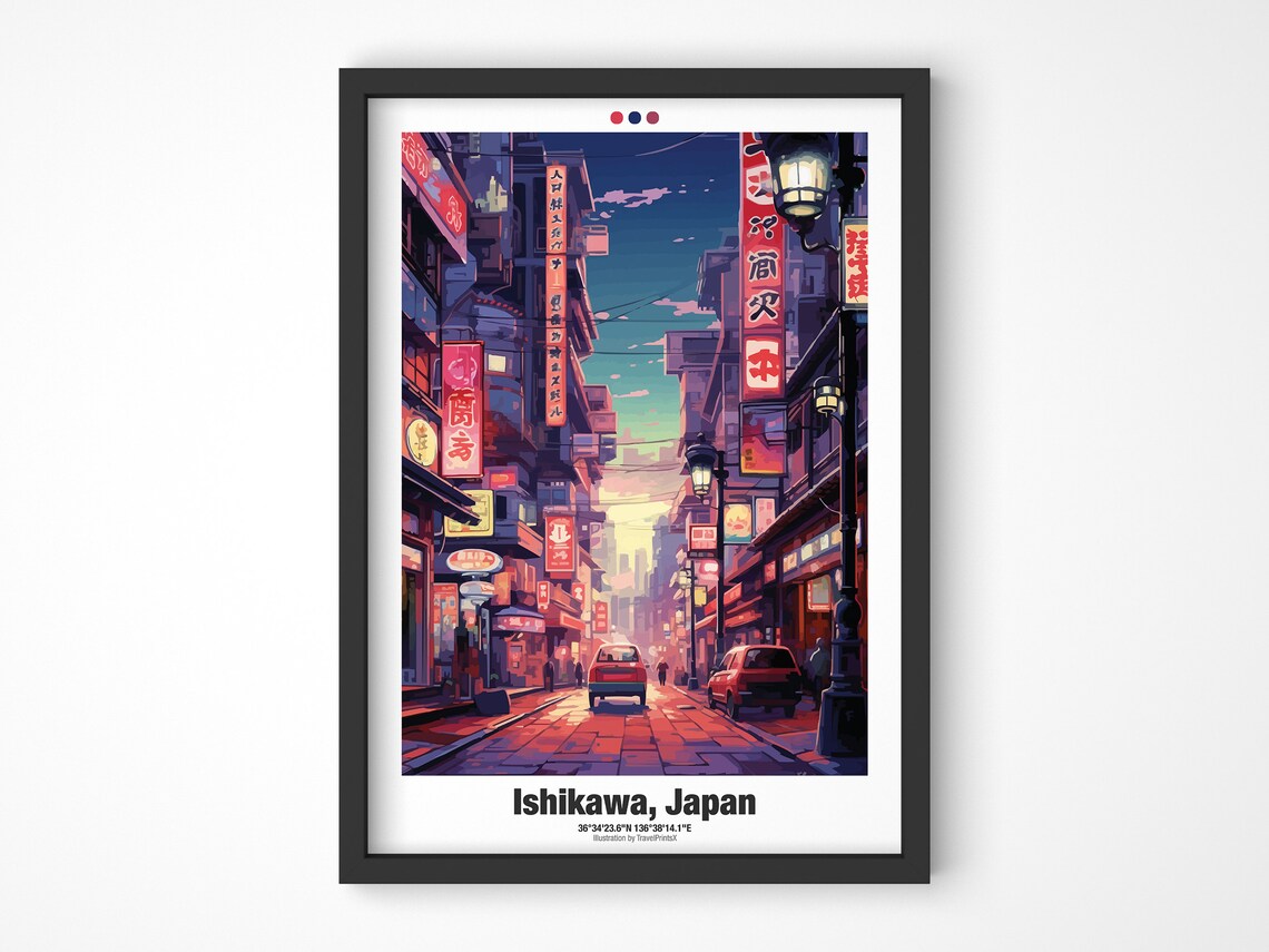 Ishikawa Japan Neon City Street Night Lights Urban Travel Poster