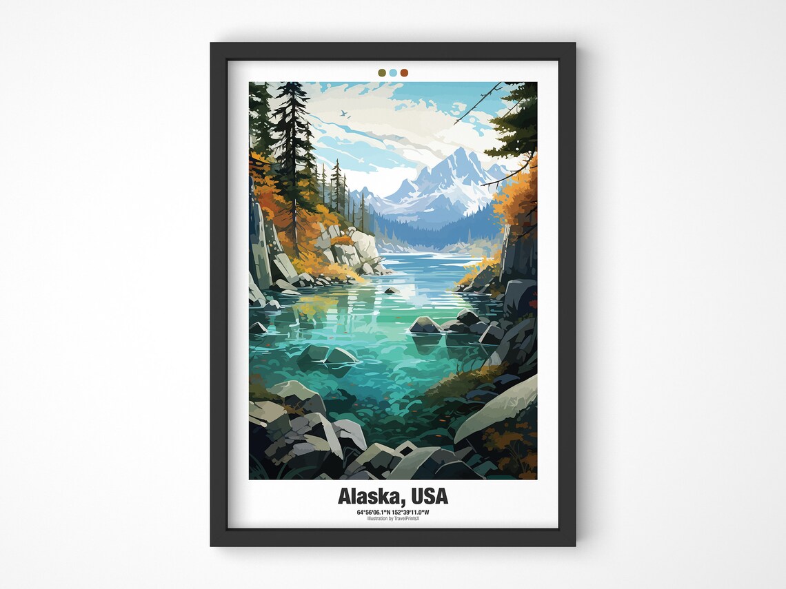 Alaska USA Mountain Lake Turquoise Water Autumn Pine Travel Poster
