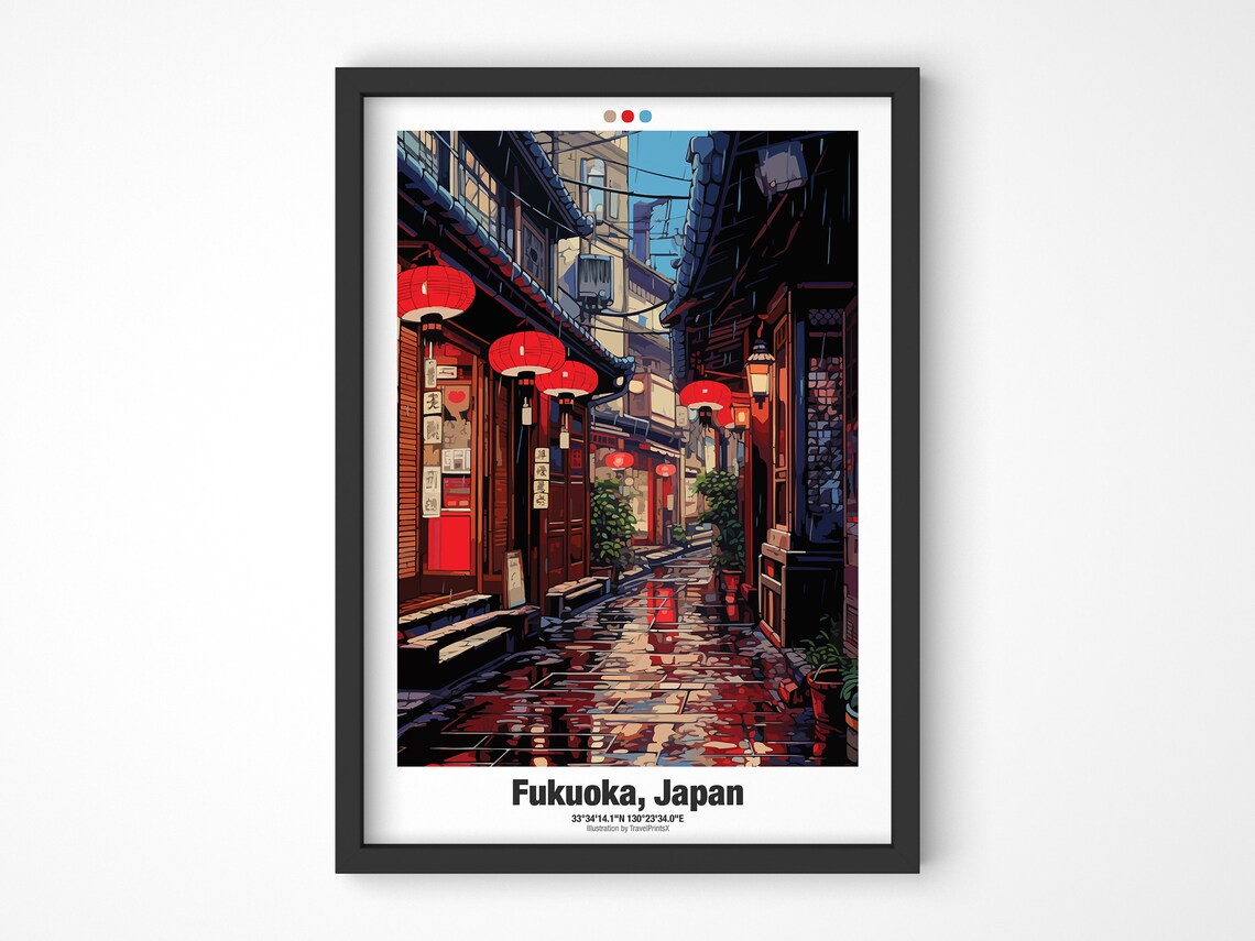 Fukuoka Japan Rainy Night Old Alley Glowing Red Lanterns Street Poster - Image 4