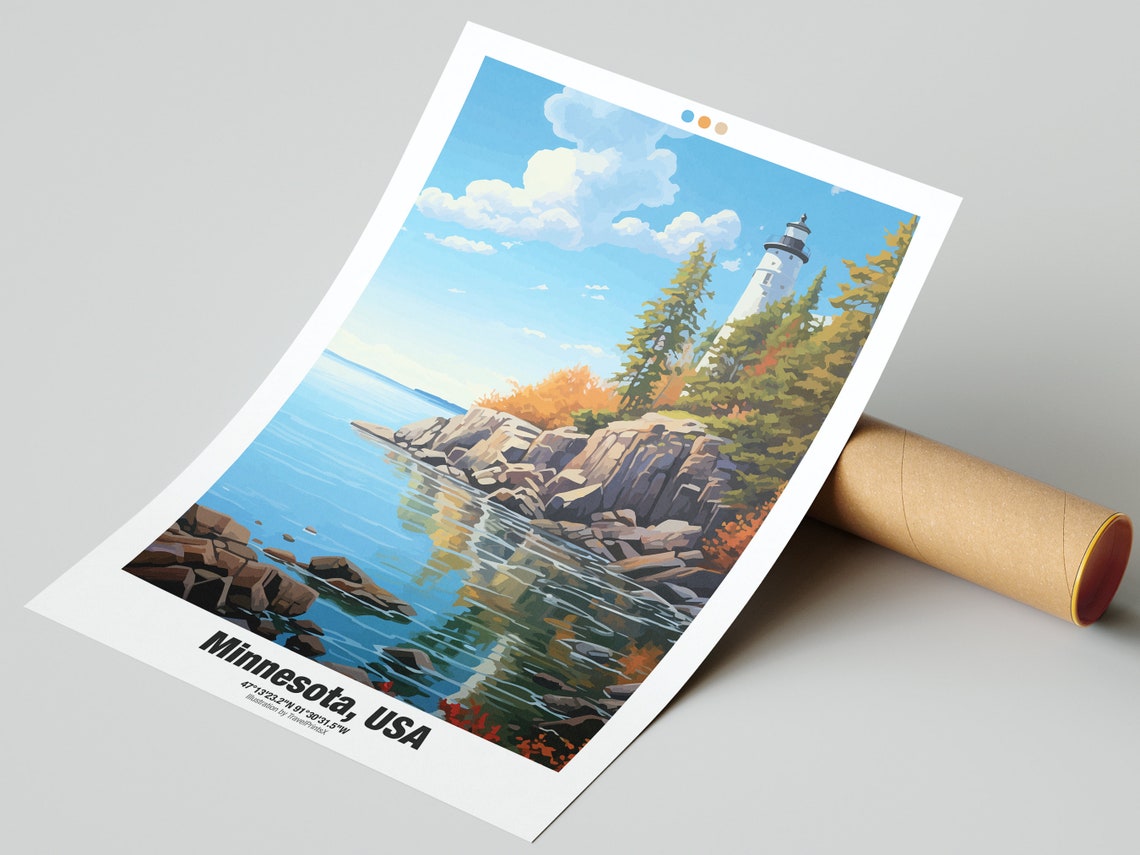 Minnesota USA Travel Poster Lighthouse Rocky Shore Autumn Forest Art - Image 2