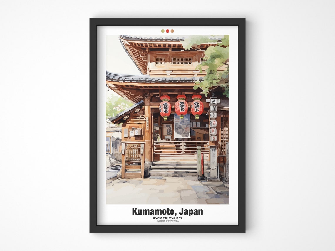 Kumamoto Japan Watercolor Temple Gate Lanterns Travel Poster - Image 4