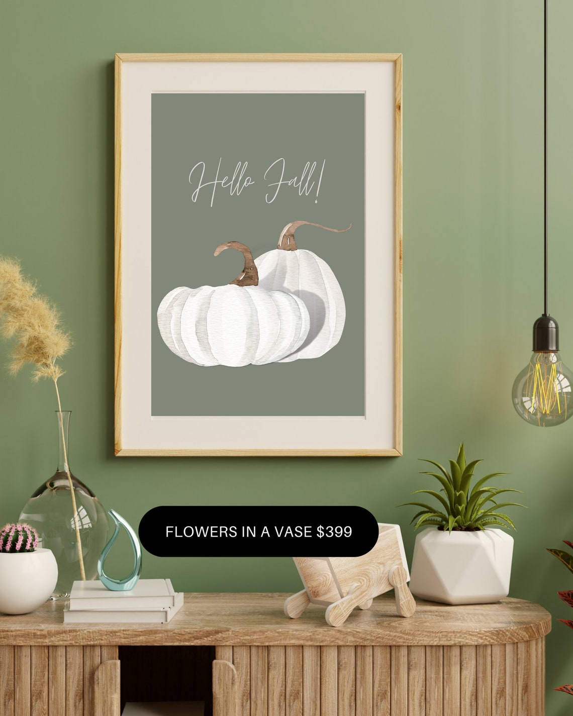 Hello Fall White Pumpkins Watercolor Sage Green Autumn Poster - Image 2