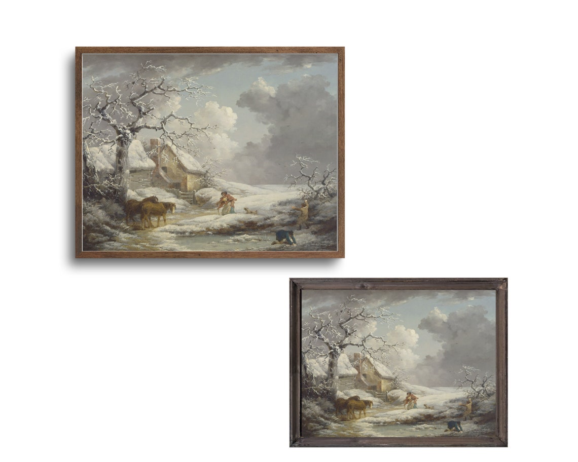 Vintage Winter Horses Cottage Snow Scene Classic Oil Art Poster - Image 3