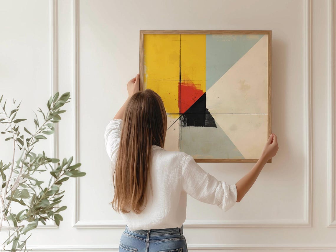 Modern Geometric Abstract Yellow Red Black Mid Century Art Poster
