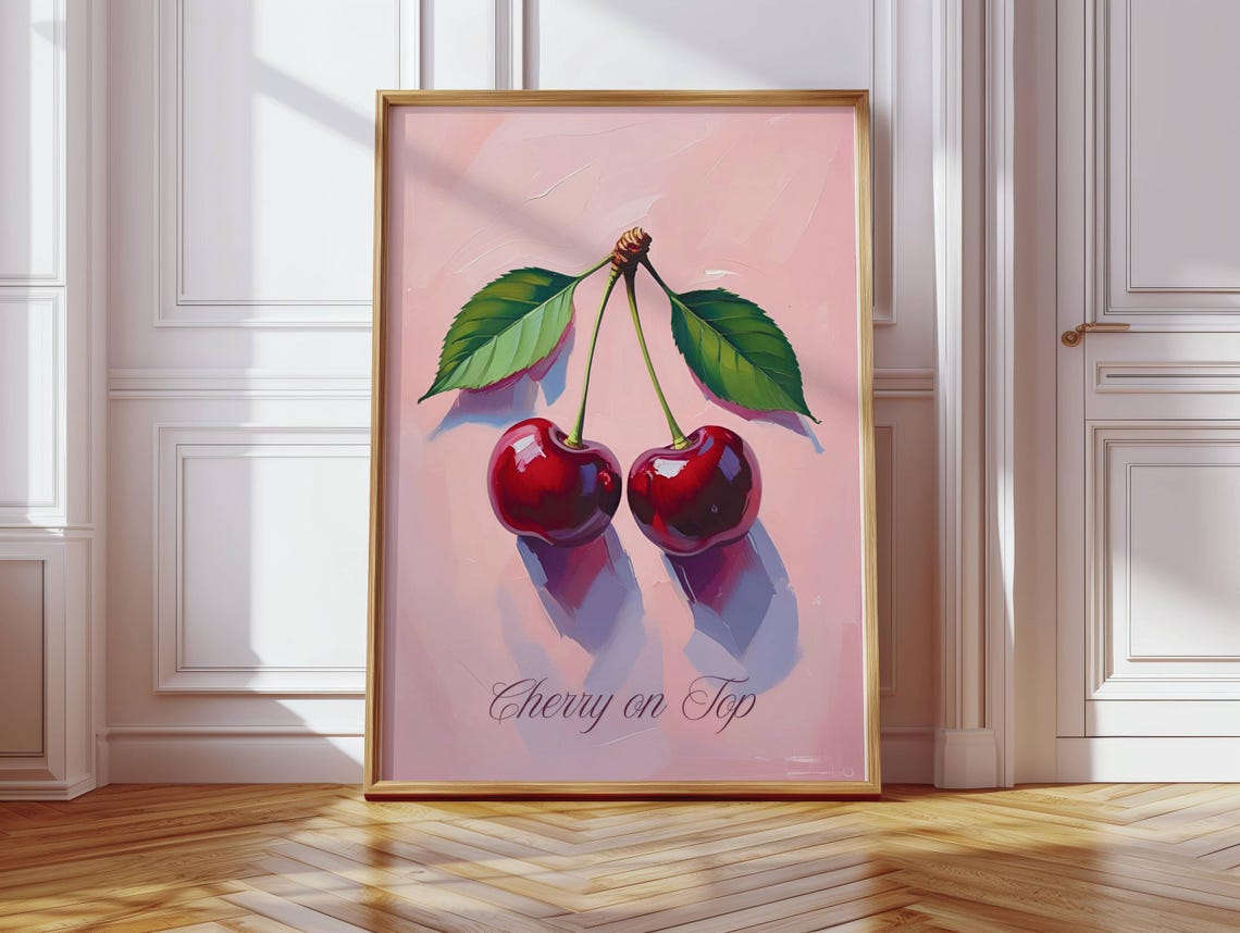 Cherry On Top Red Cherry Painting Pink Retro Kitchen Art Poster