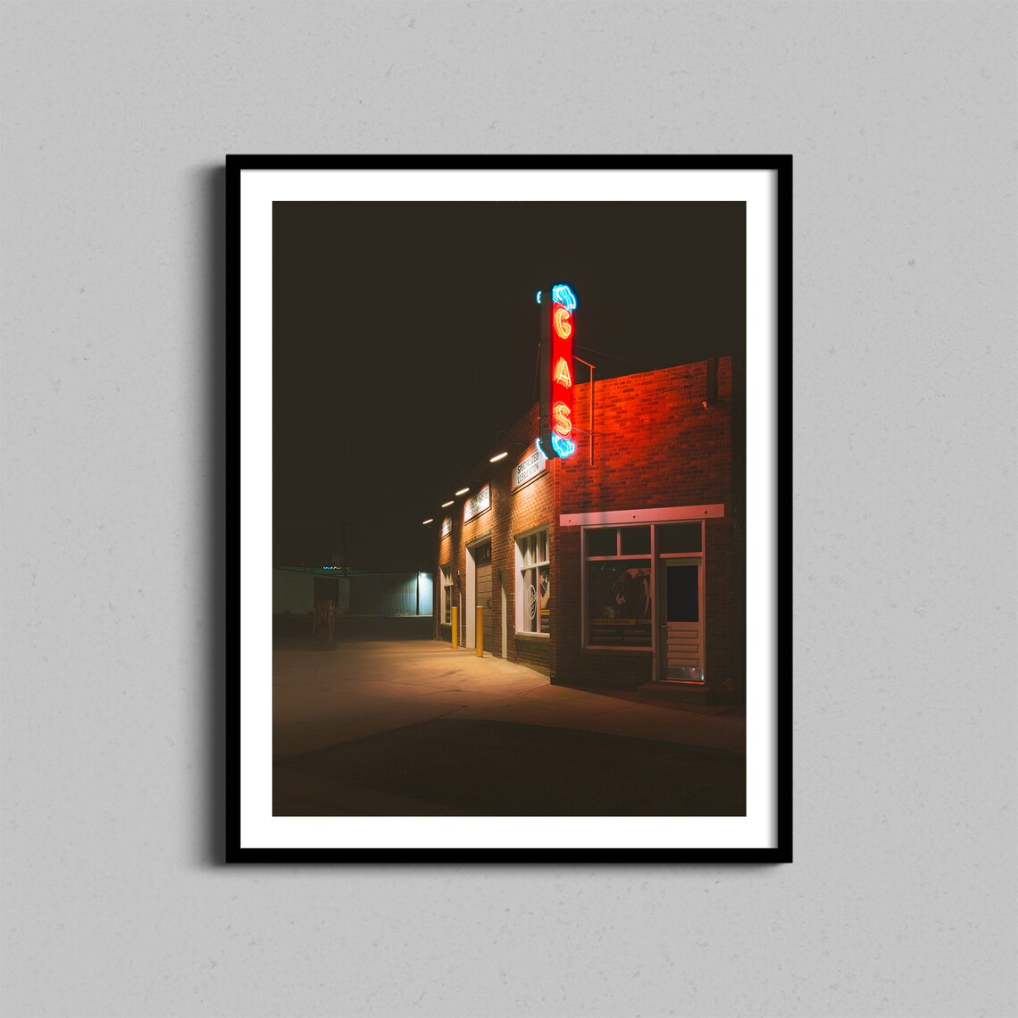Vintage Gas Station Neon Night Photography Poster Retro Americana Scene