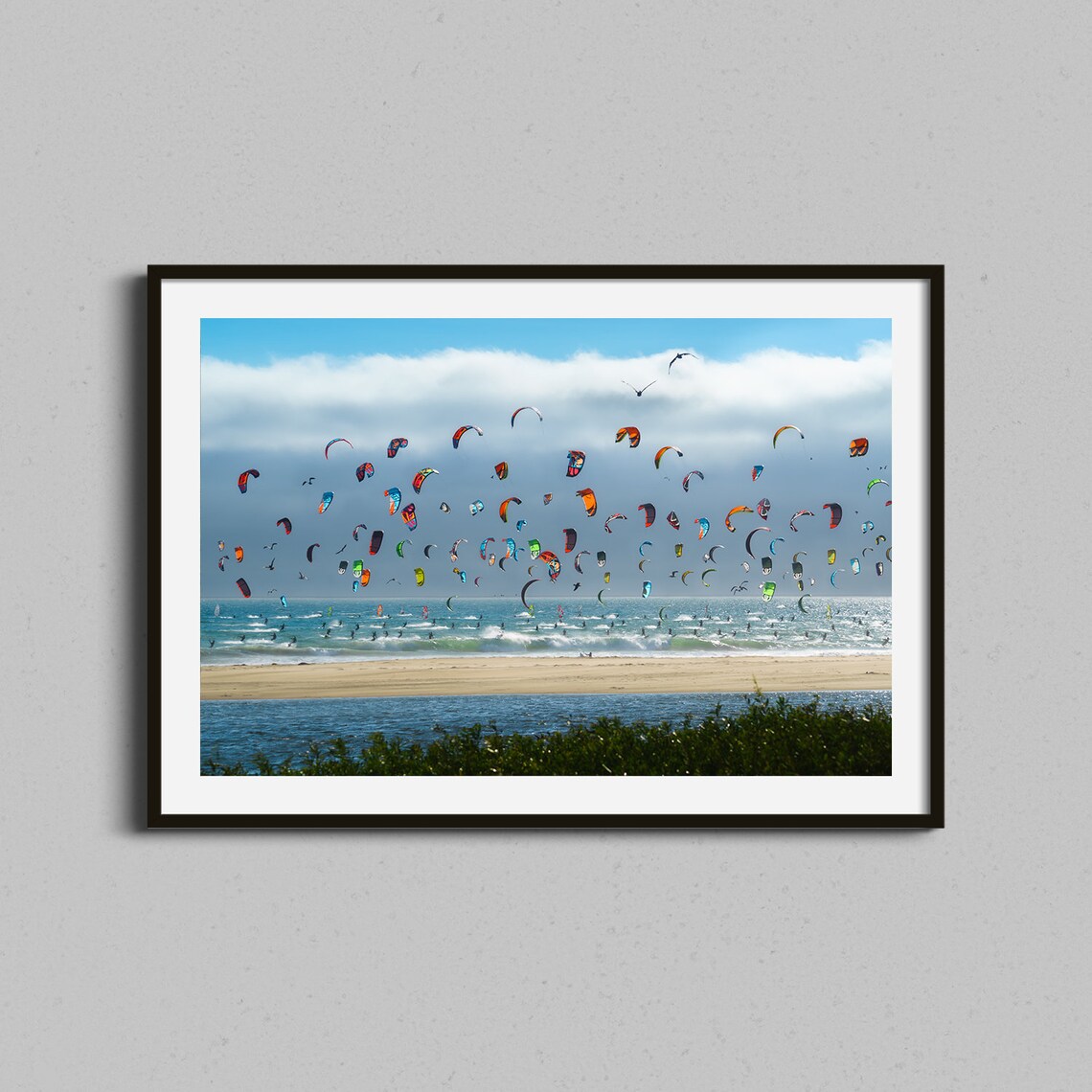 Colorful Kiteboarding Kites Over Beach Waves Ocean Photo Poster