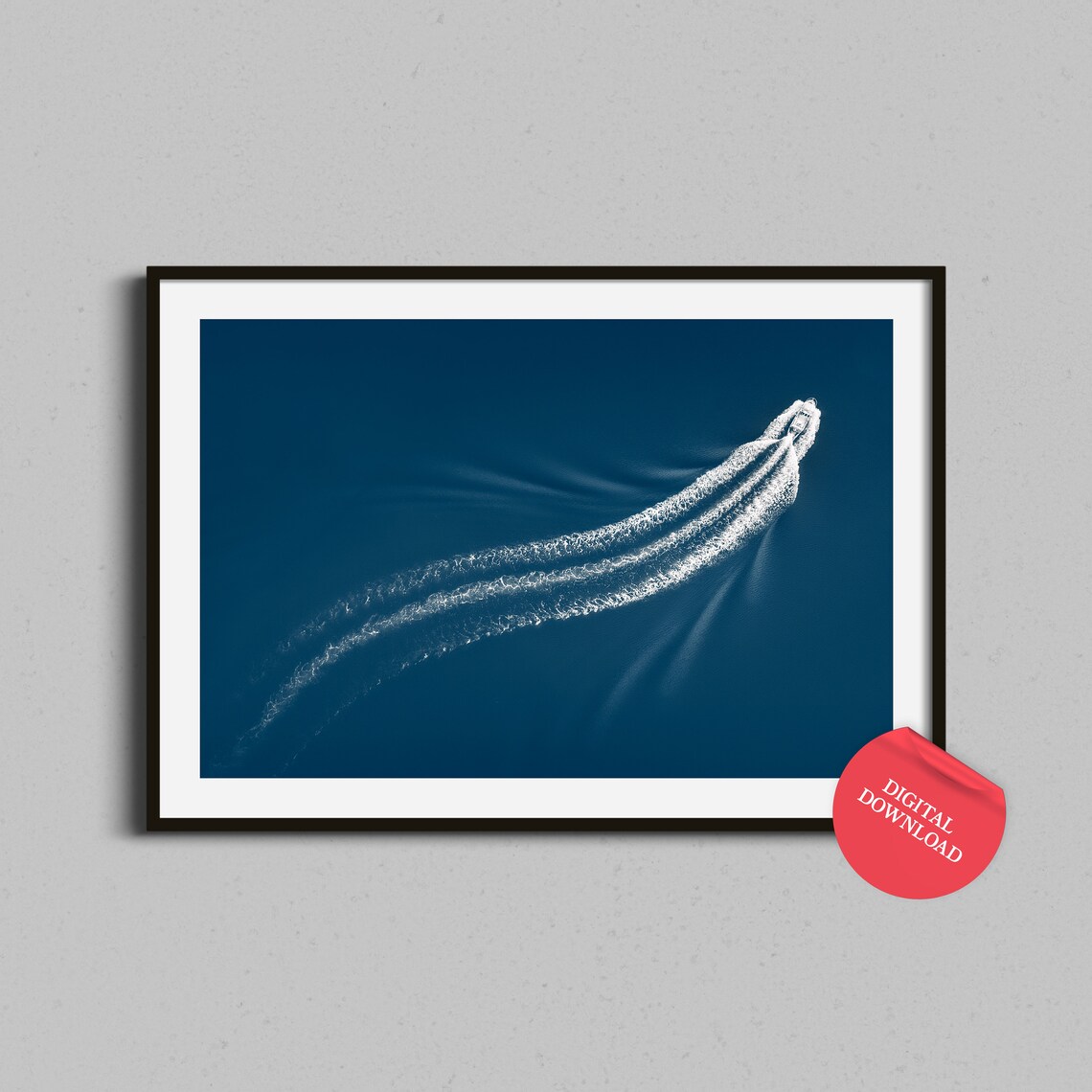 Aerial Speedboat Wake on Deep Blue Ocean Photography Coastal Decor Poster