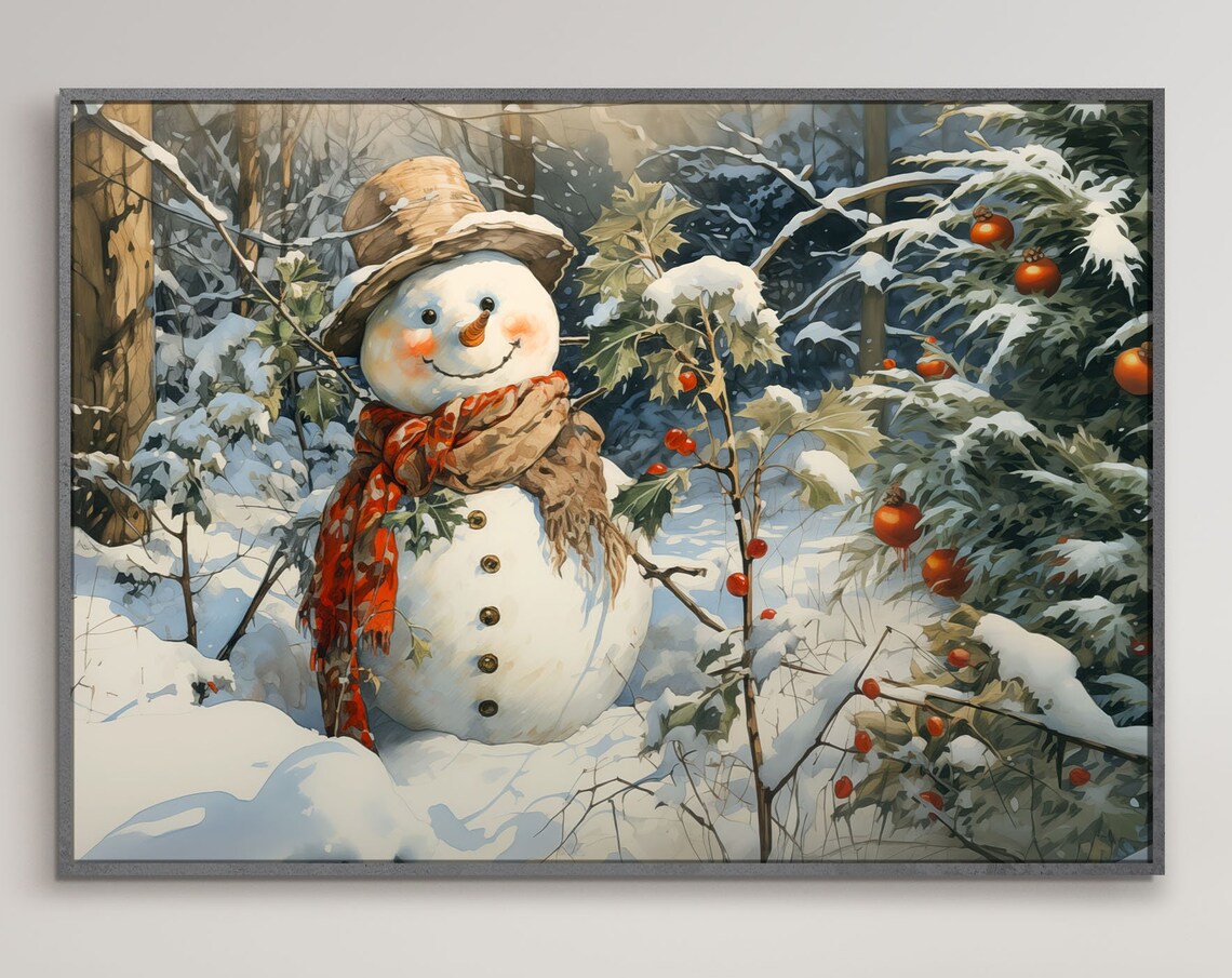 Cheerful Snowman Red Scarf Snowy Berry Forest Winter Scene Poster