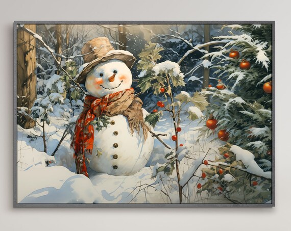 Cheerful Snowman Red Scarf Snowy Berry Forest Winter Scene Poster