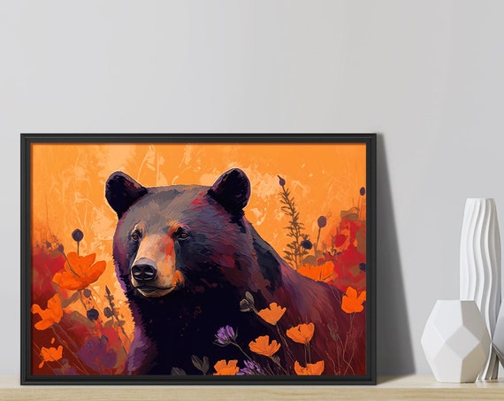 Black Bear Poppies Art Print Bear Wall Art Bear Folk Art Wildlife Art Botanical Illustration Vintage Cabin Decor Floral Wildlife