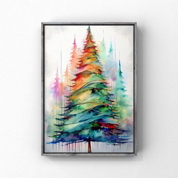 Colorful Rainbow Watercolor Christmas Tree Holiday Painting Poster