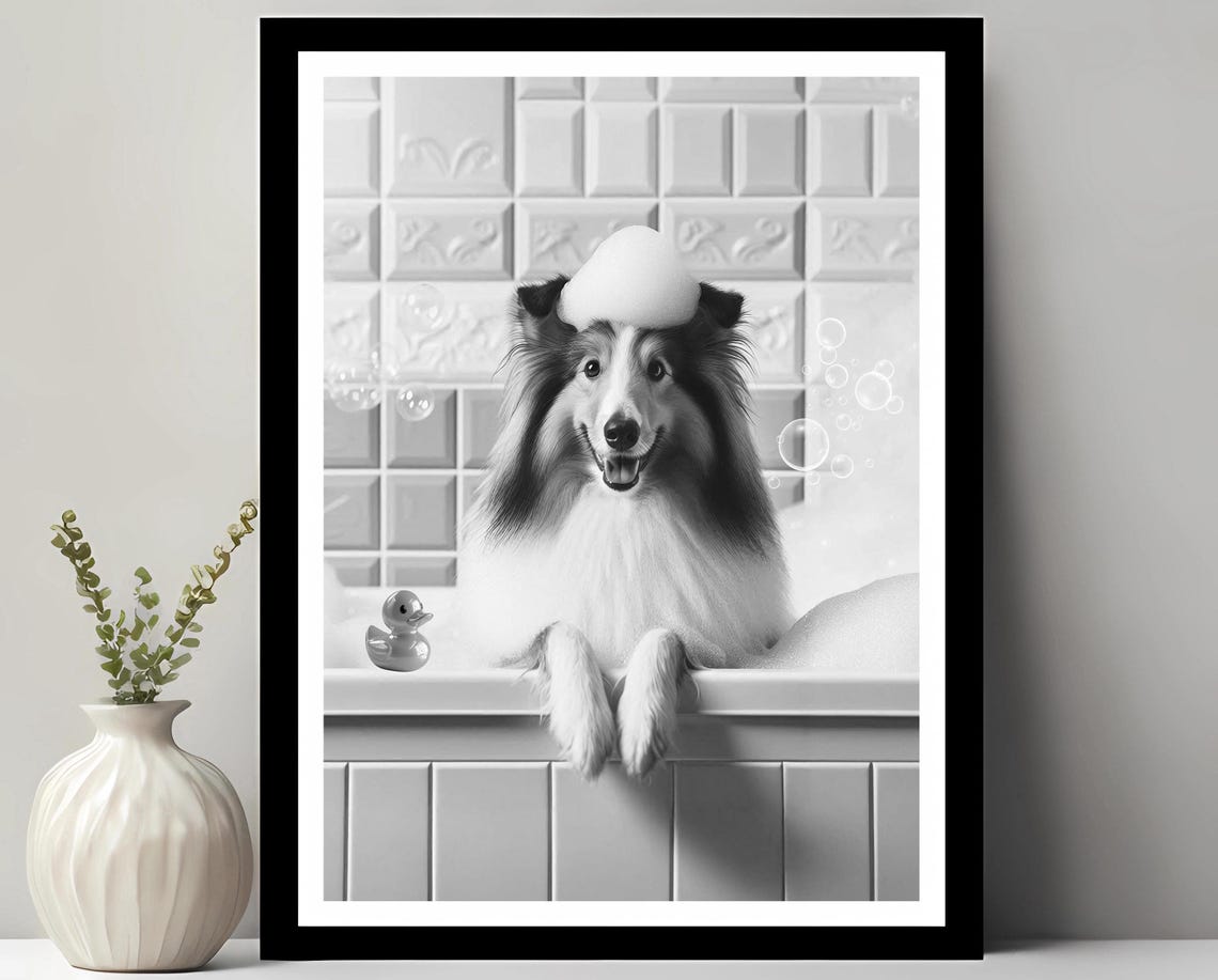 Happy Collie In A Bubble Bath With Rubber Duck Bathroom Poster
