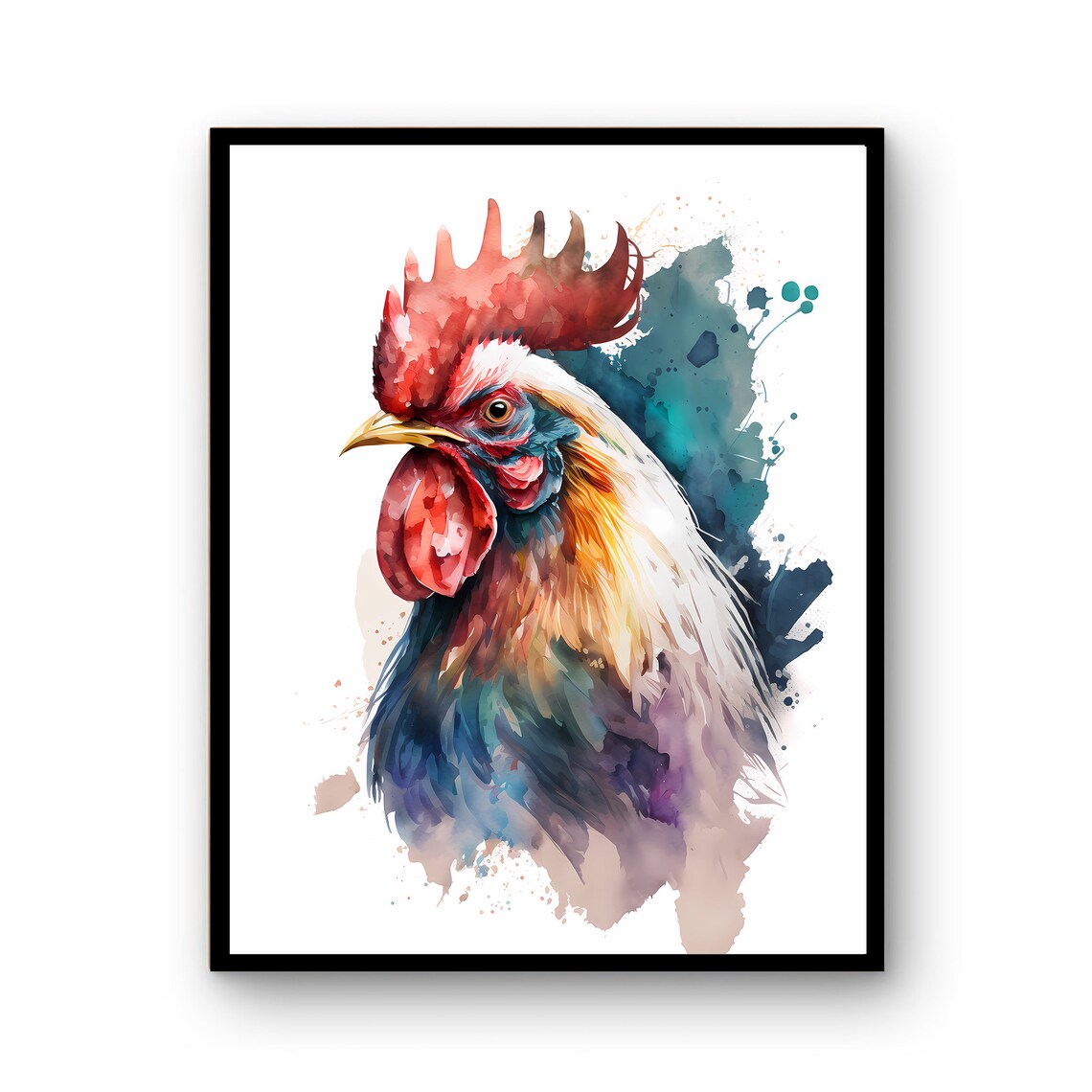 Colorful Watercolor Rooster Portrait Farmhouse Animal Art Poster