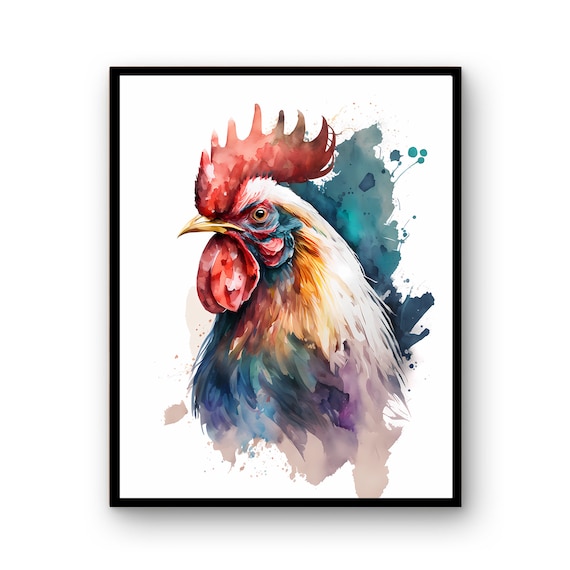 Colorful Watercolor Rooster Portrait Farmhouse Animal Art Poster