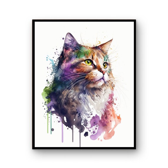 Watercolor Cat Portrait Colorful Splash Art Wall Decor Poster