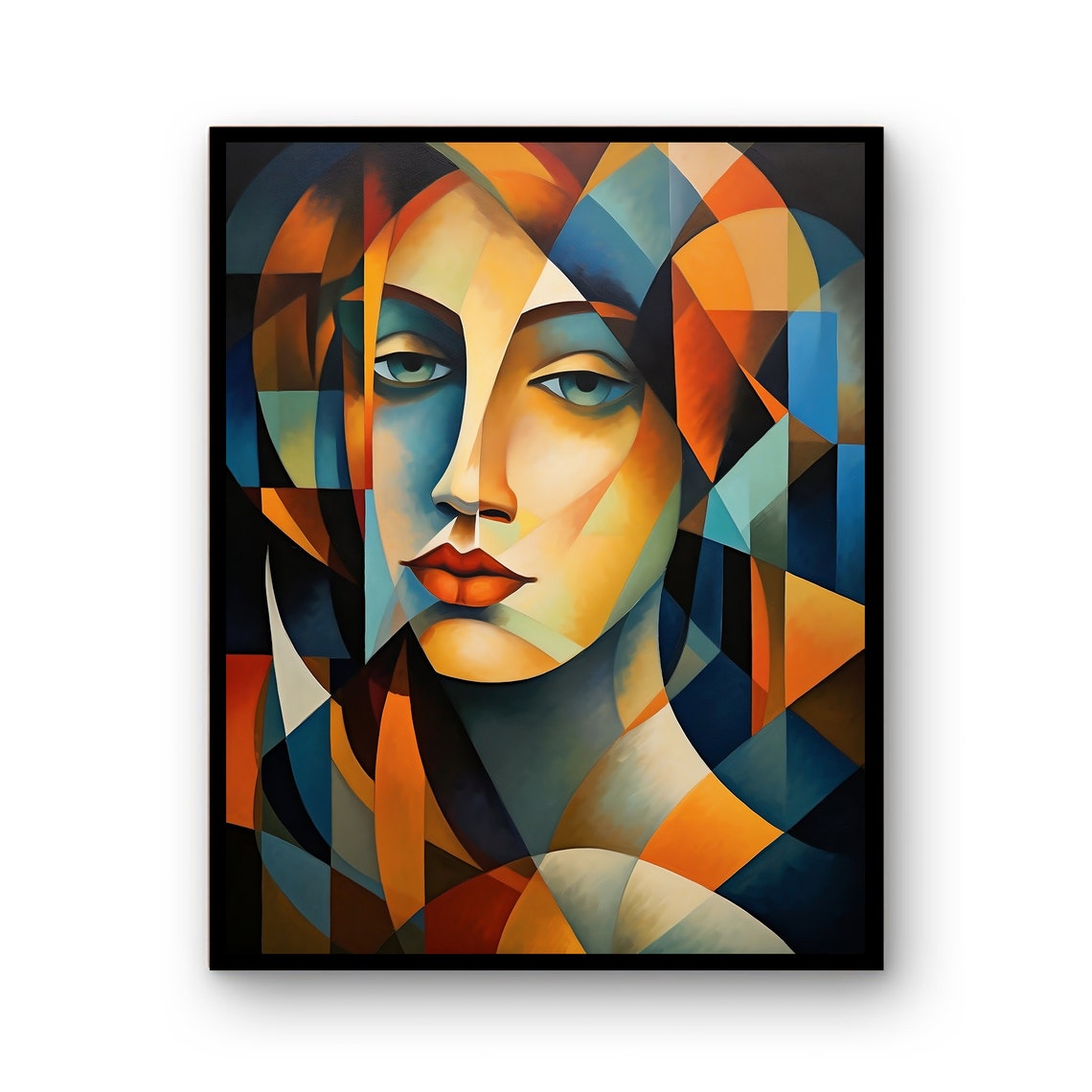 Cubist Woman Portrait Orange Blue Geometric Modern Art Wall Poster