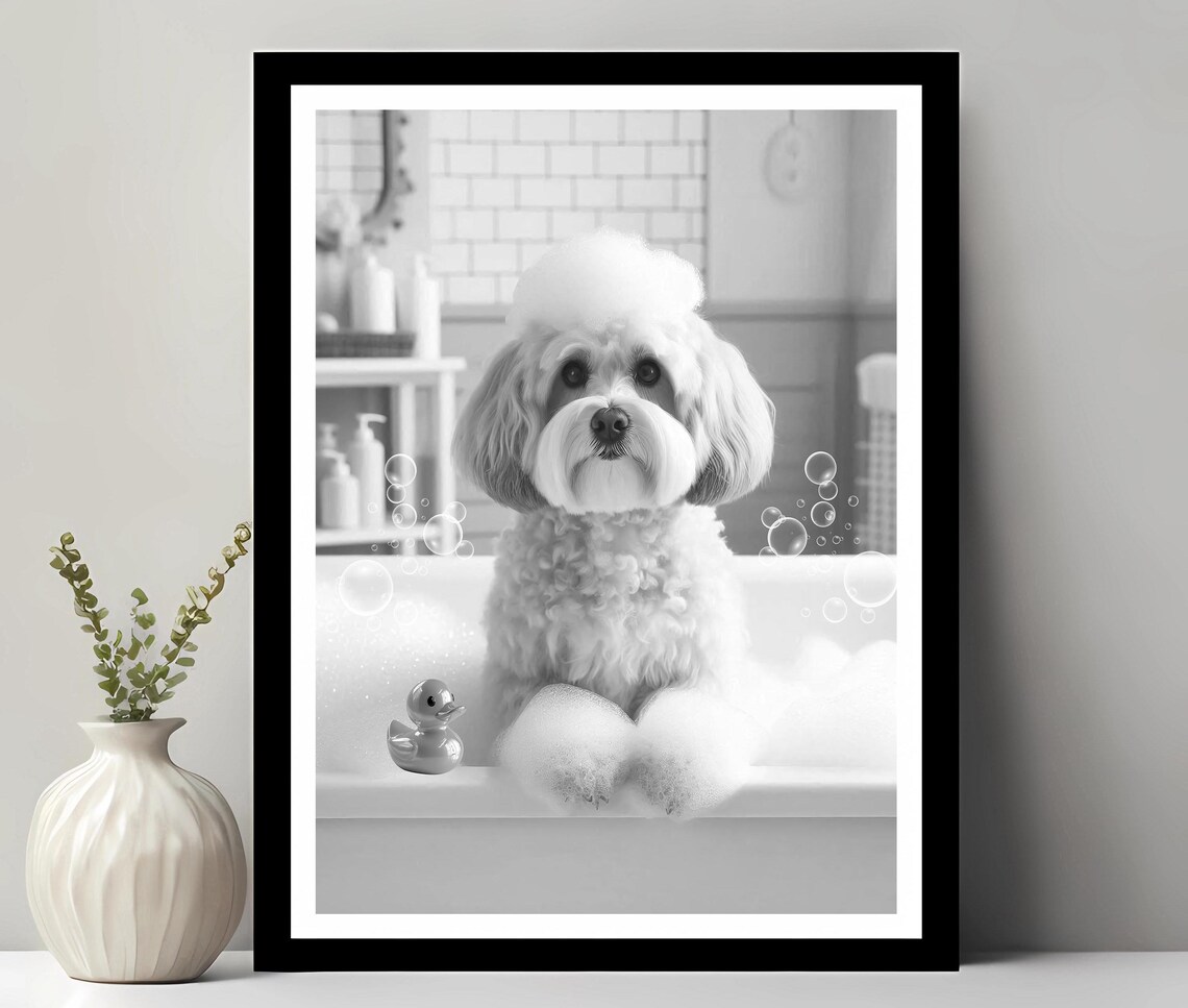 Havanese Wall Art Funny Bathroom Decor Pet Portrait Petshop Dog Gift In Bubble Bath