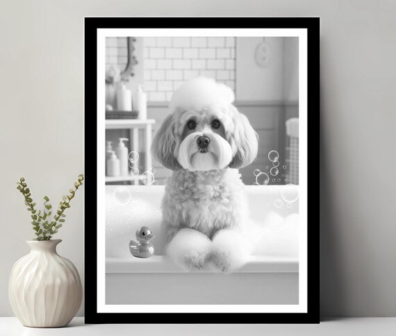 Havanese Wall Art Funny Bathroom Decor Pet Portrait Petshop Dog Gift In Bubble Bath