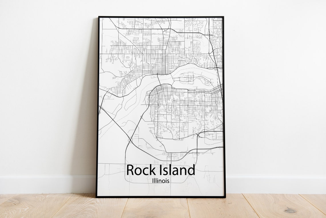 Rock Island Illinois Minimalist Black and White City Street Map Poster