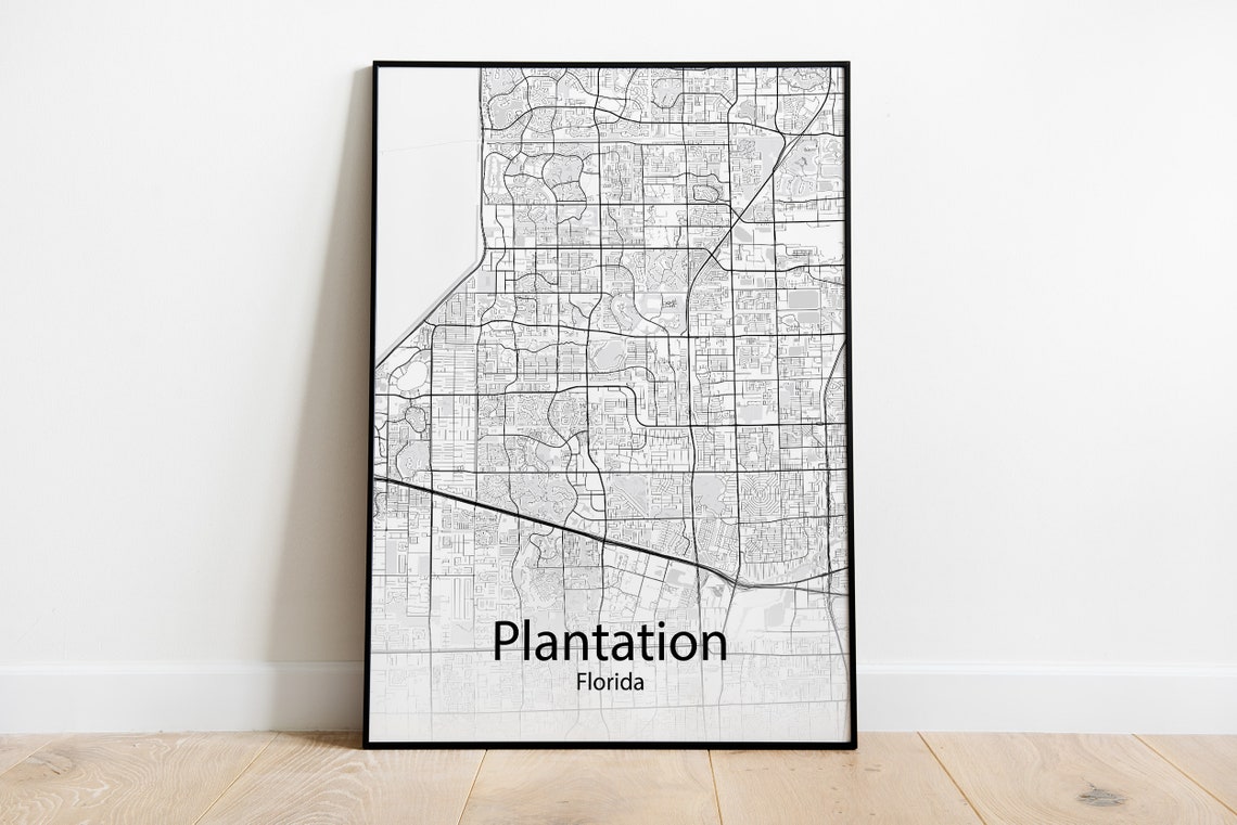 Plantation Florida Classic Black and White Modern City Map Poster Gift