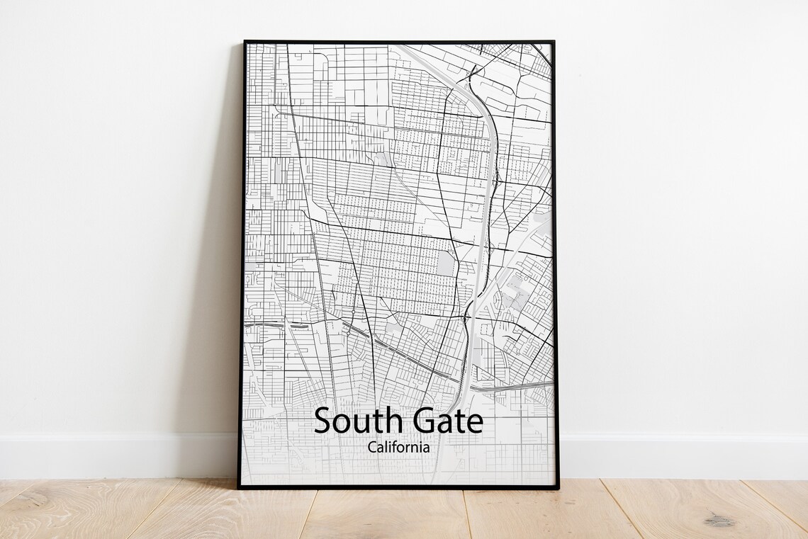 South Gate California Black and White Minimalist Street Map Poster