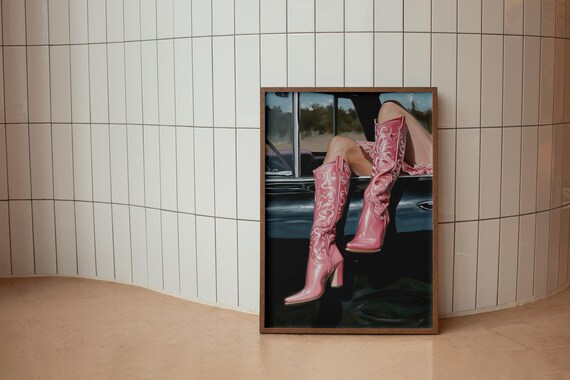 Pink Cowboy Boots Hanging Out of Car Western Pop Art Painting Poster