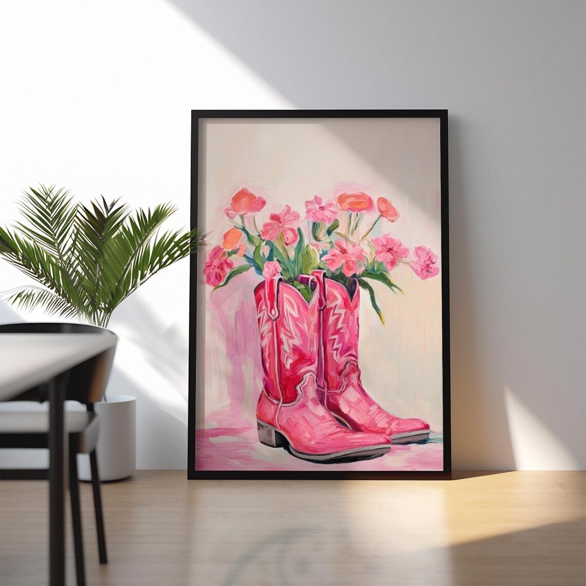 Pink Cowgirl Boots Overflowing With Pink Flowers Western Poster