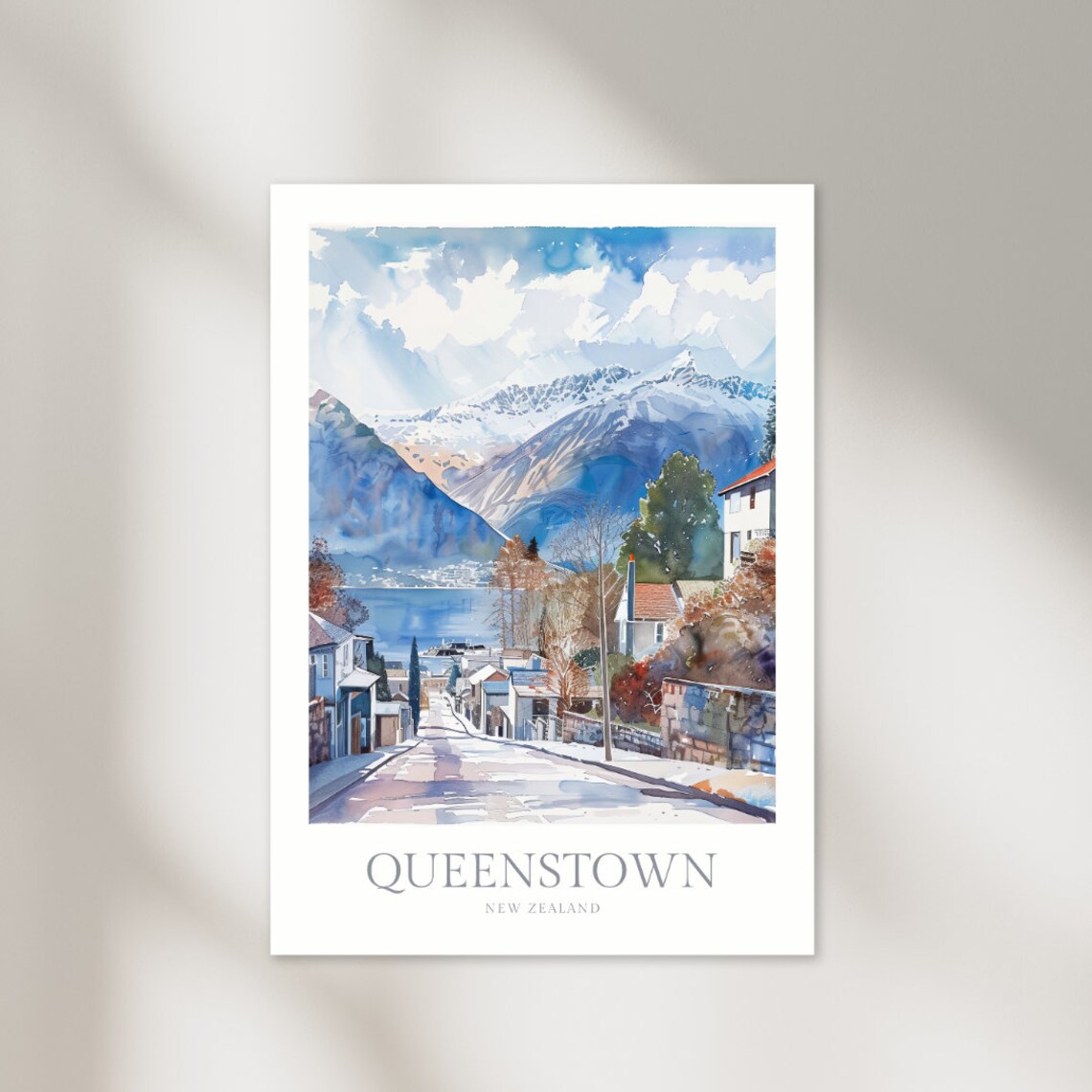 Queenstown New Zealand Lake Mountain Street Watercolor Poster