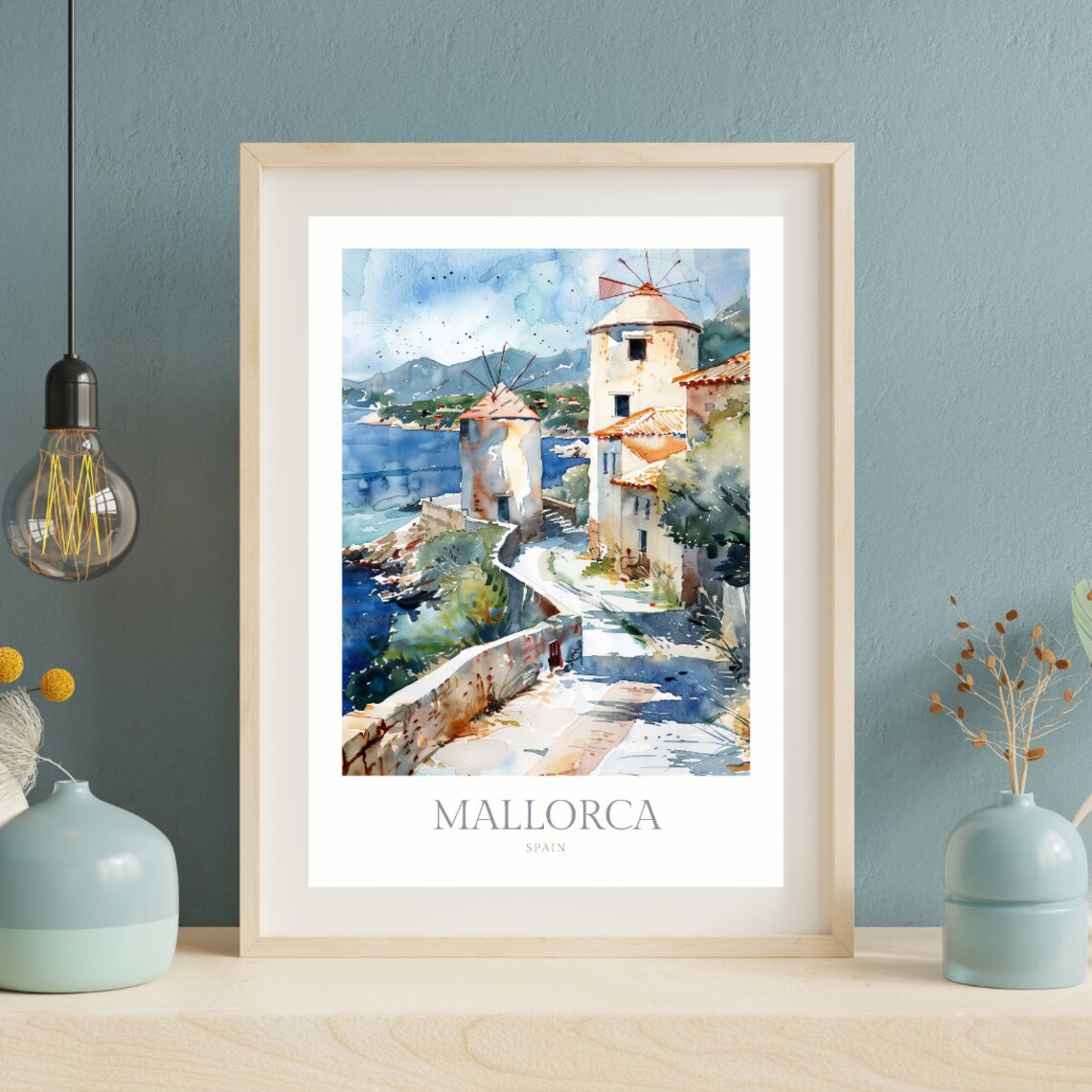 Mallorca Watercolor Travel Poster, Spain Windmills - Image 2